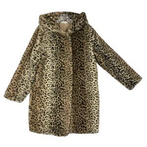 SWEET GIRL Coat Jacket~M Faux-Fur Hooded Brown Animal Cheetah Sherpa Teddy Thick